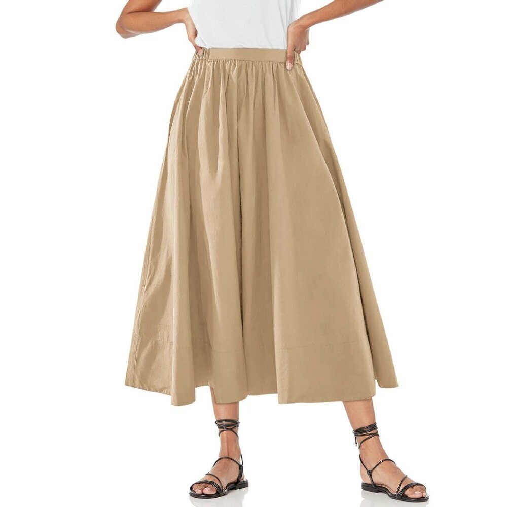 Women's A-Line Midi Skirt with Pocket, Elastic Waist, Flowy Polyester Blend